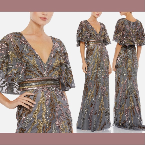 NEW $698 Mac Duggal [ 12 ] Cape Sleeve Embellished Gown in‎ Charcoal Multi - Picture 1 of 14